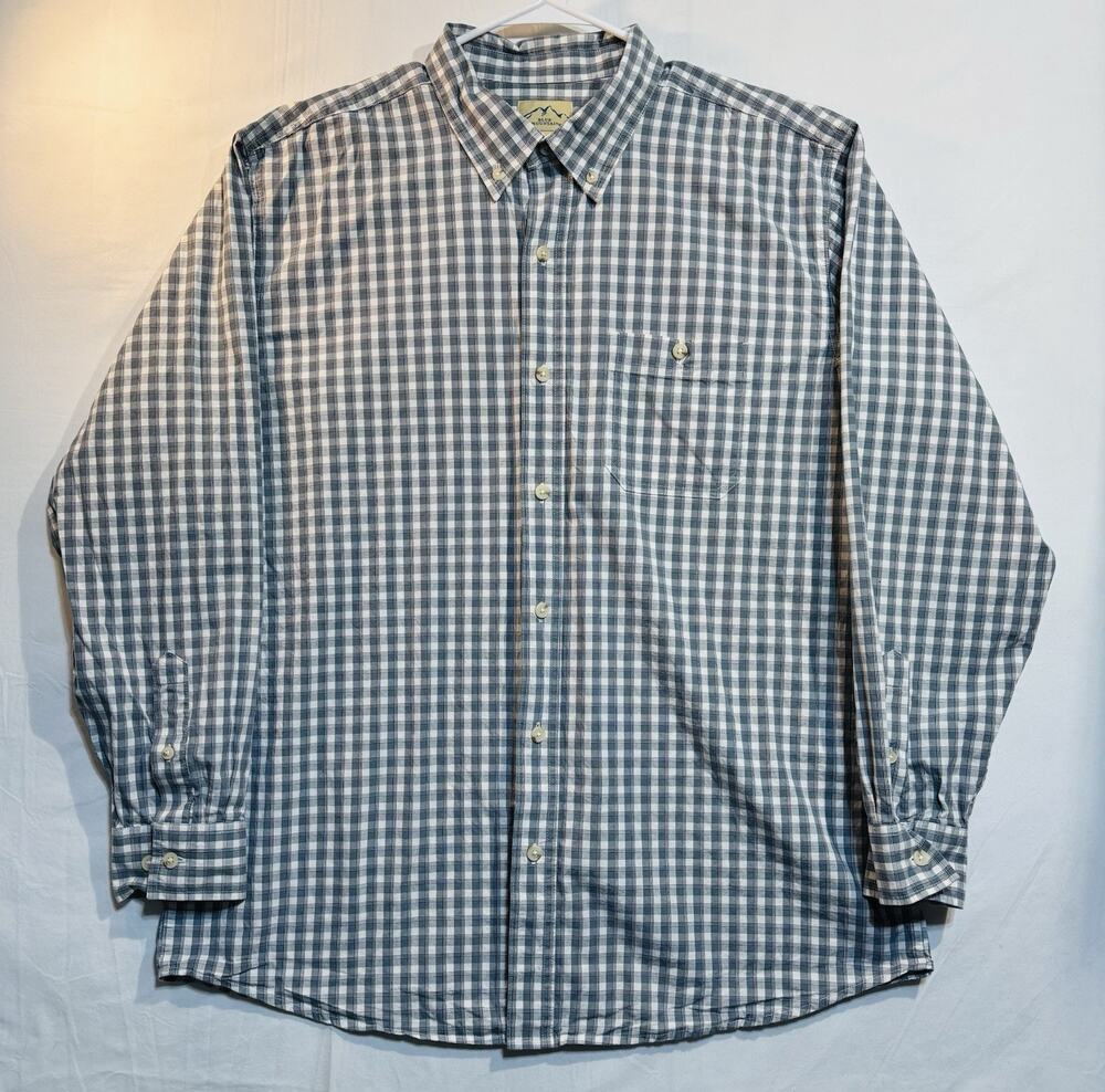 Blue Mountain XLT Plaid Button Front Shirt Blue Gray Cotton Stretch Long Sleeve